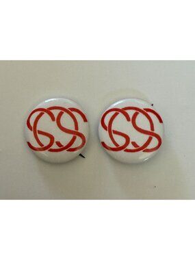 Vintage Red Interlocking SS Logo Pinback Button Set 2pc Metal Back Small Round